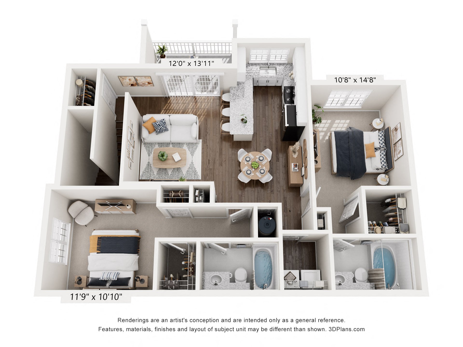 Floor plan for 2 beds, 2 baths, 1192 sqft